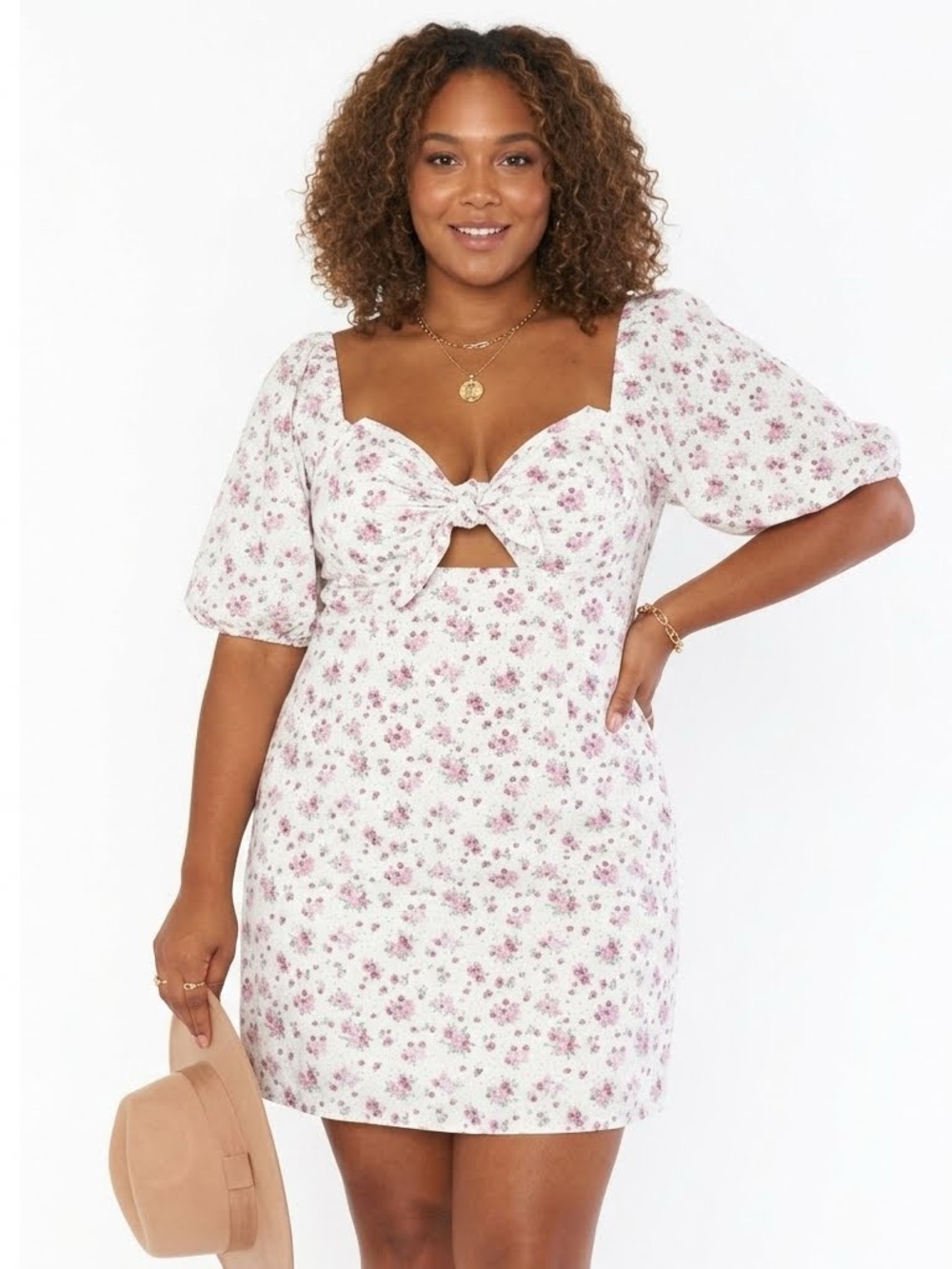 Pink Lily White Mini Dress with Pink Floral Tie-Front